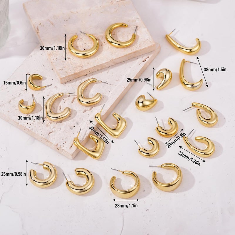 FOURPG 10 Pairs Hypoallergenic Chunky Gold Dangle Earrings for Women Trendy Thick Gold Plated Hoop Earrings Set Lightweight Jewelry - Image 5